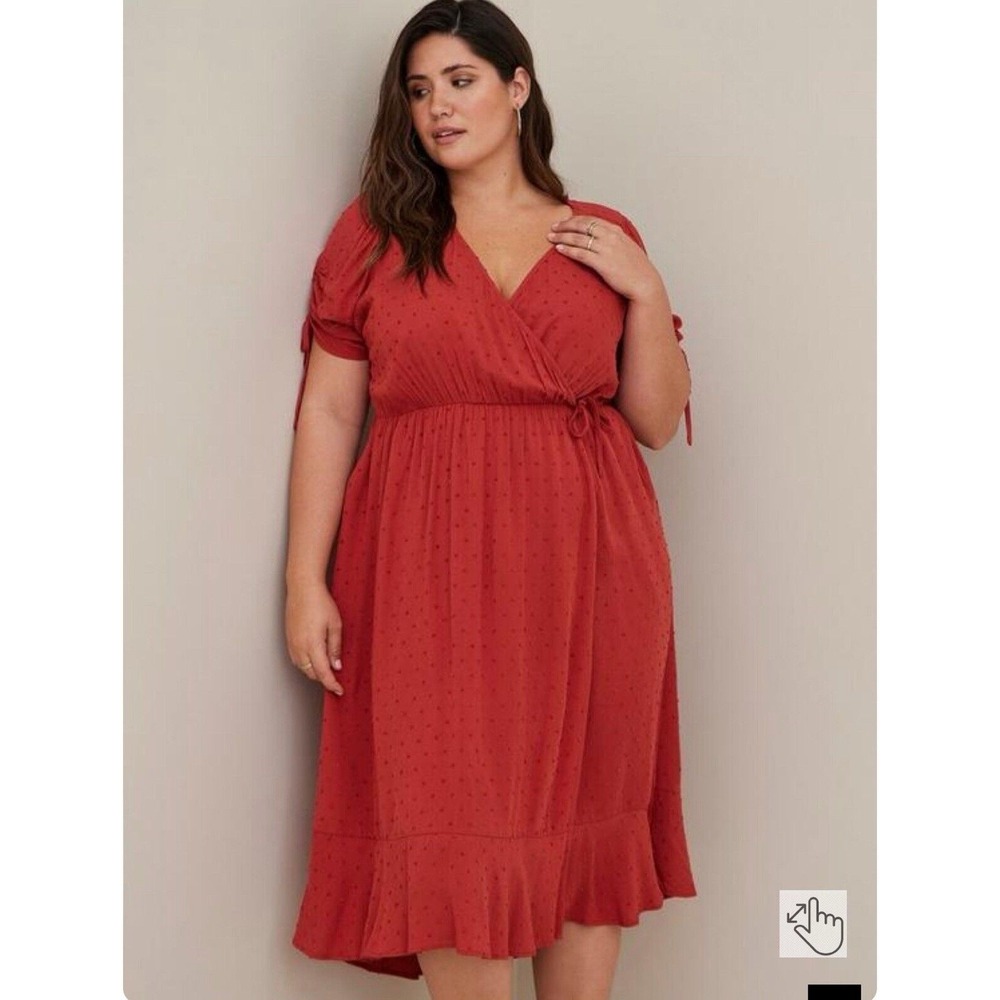 Torrid 3 Rust Polka Dot Wrap Midi Dress Short Puff Sleeve Ruffle Hem Pockets
